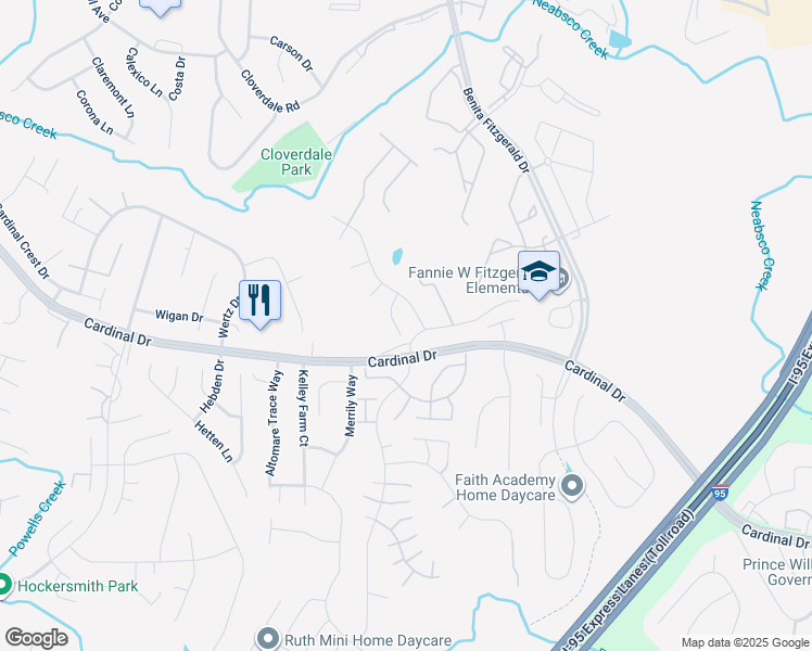 map of restaurants, bars, coffee shops, grocery stores, and more near 3611 Wanda Court in Woodbridge