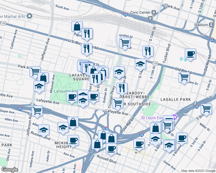 map of restaurants, bars, coffee shops, grocery stores, and more near 1412 Dolman Street in St. Louis