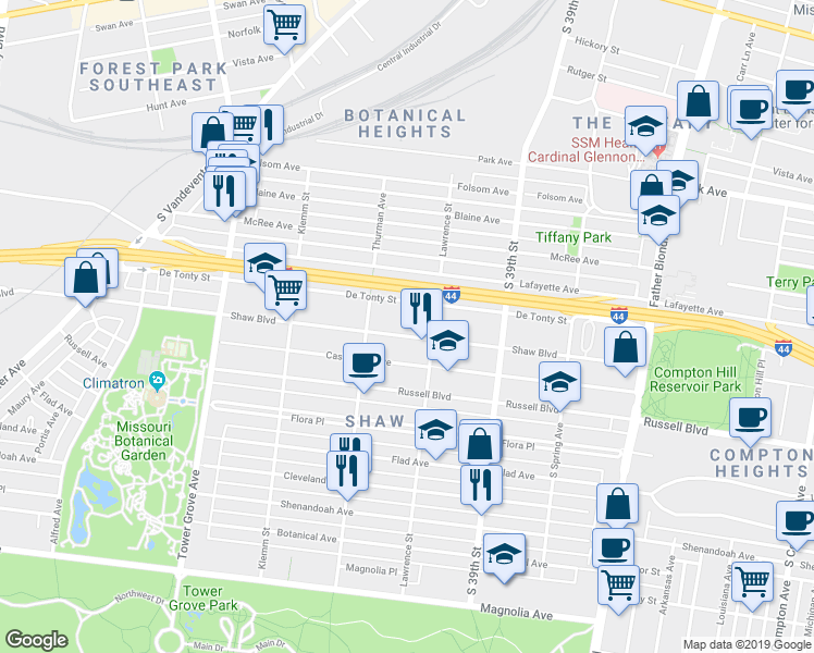 map of restaurants, bars, coffee shops, grocery stores, and more near 4029 Shaw Boulevard in St. Louis