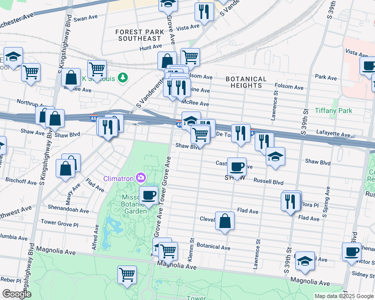 map of restaurants, bars, coffee shops, grocery stores, and more near 4233 Castleman Avenue in St. Louis