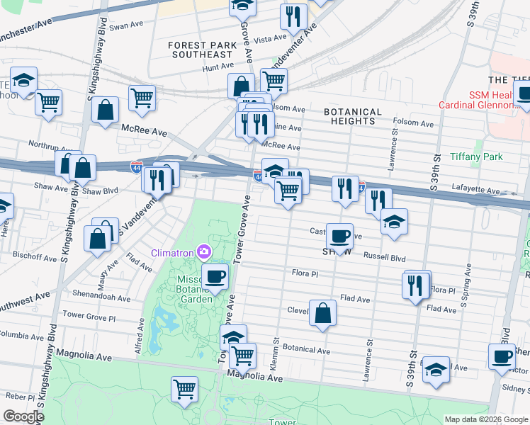 map of restaurants, bars, coffee shops, grocery stores, and more near 4233 Castleman Avenue in St. Louis