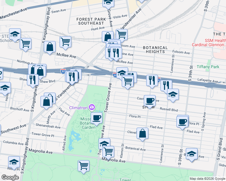 map of restaurants, bars, coffee shops, grocery stores, and more near 4273 Castleman Avenue in St. Louis