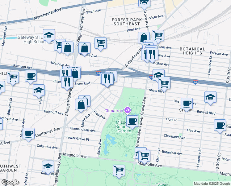 map of restaurants, bars, coffee shops, grocery stores, and more near 1902 Maury Avenue in St. Louis