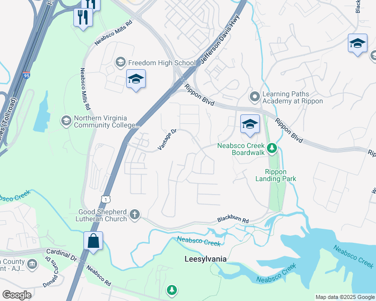 map of restaurants, bars, coffee shops, grocery stores, and more near 15530 Horseshoe Lane in Woodbridge