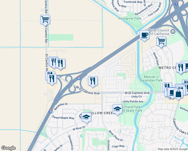map of restaurants, bars, coffee shops, grocery stores, and more near 2745 Orchard Lane in Sacramento