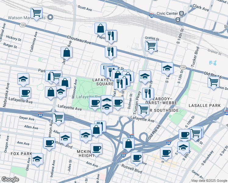 map of restaurants, bars, coffee shops, grocery stores, and more near 1507 Vail Place in St. Louis