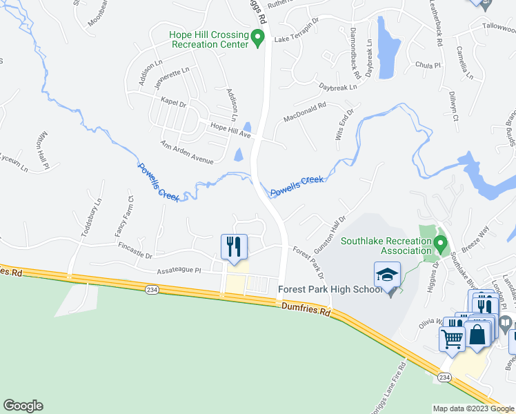 map of restaurants, bars, coffee shops, grocery stores, and more near 15531 Miller School Place in Manassas