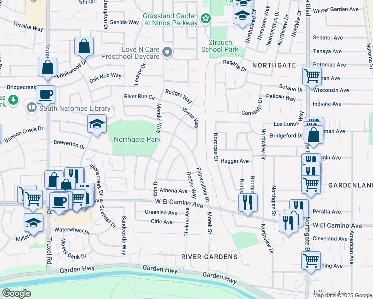 map of restaurants, bars, coffee shops, grocery stores, and more near 2732 Dorine Way in Sacramento