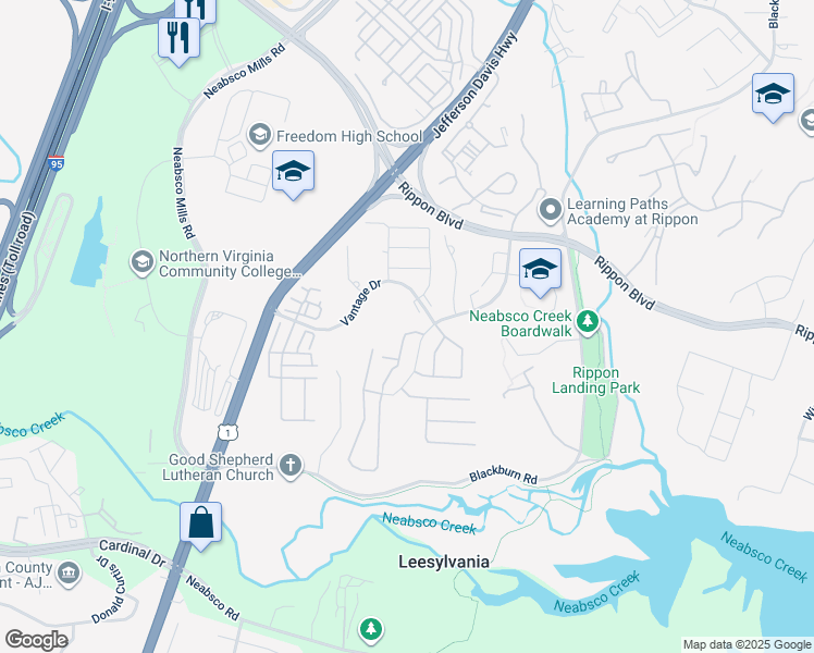 map of restaurants, bars, coffee shops, grocery stores, and more near 15530 Horseshoe Lane in Woodbridge