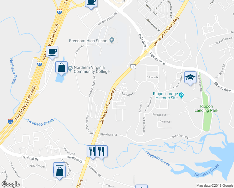 map of restaurants, bars, coffee shops, grocery stores, and more near 15503 John Diskin Circle in Woodbridge