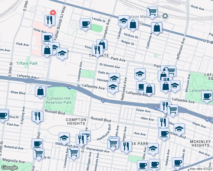 map of restaurants, bars, coffee shops, grocery stores, and more near 3101 Lafayette Avenue in St. Louis