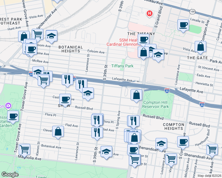 map of restaurants, bars, coffee shops, grocery stores, and more near 3842 De Tonty Street in St. Louis