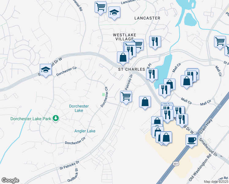 map of restaurants, bars, coffee shops, grocery stores, and more near 5416 Harvest Fish Place in Waldorf