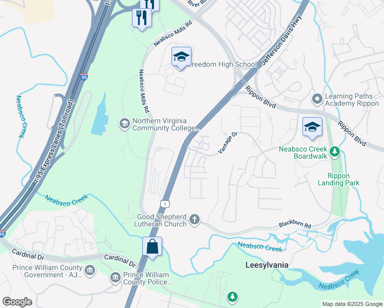 map of restaurants, bars, coffee shops, grocery stores, and more near 15503 John Diskin Circle in Woodbridge