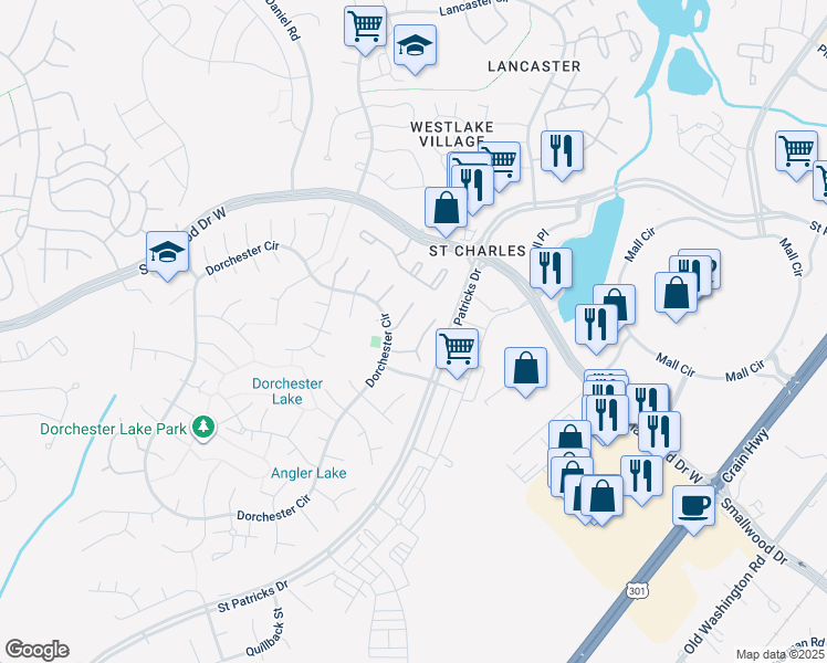 map of restaurants, bars, coffee shops, grocery stores, and more near 5416 Harvest Fish Place in Waldorf