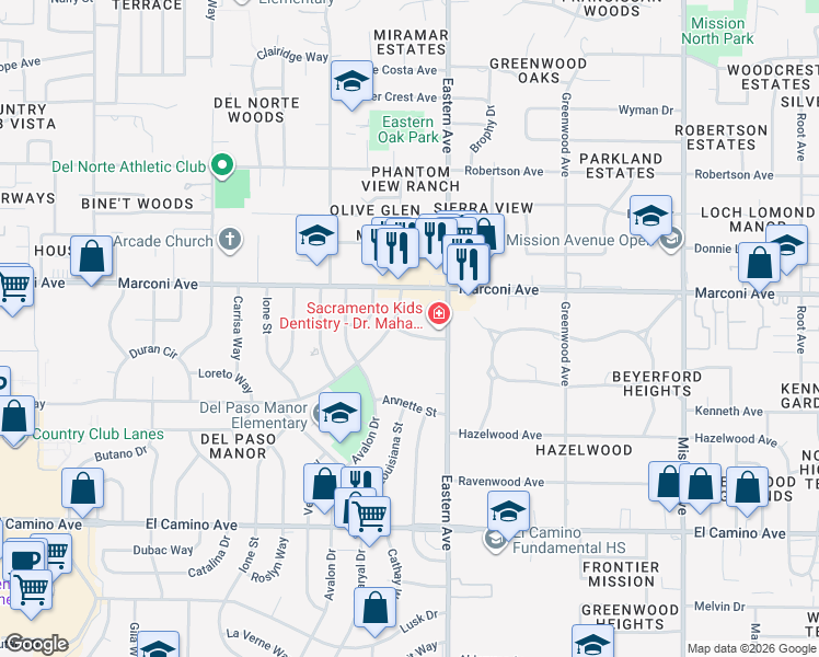 map of restaurants, bars, coffee shops, grocery stores, and more near 4200 Lyle Street in Sacramento
