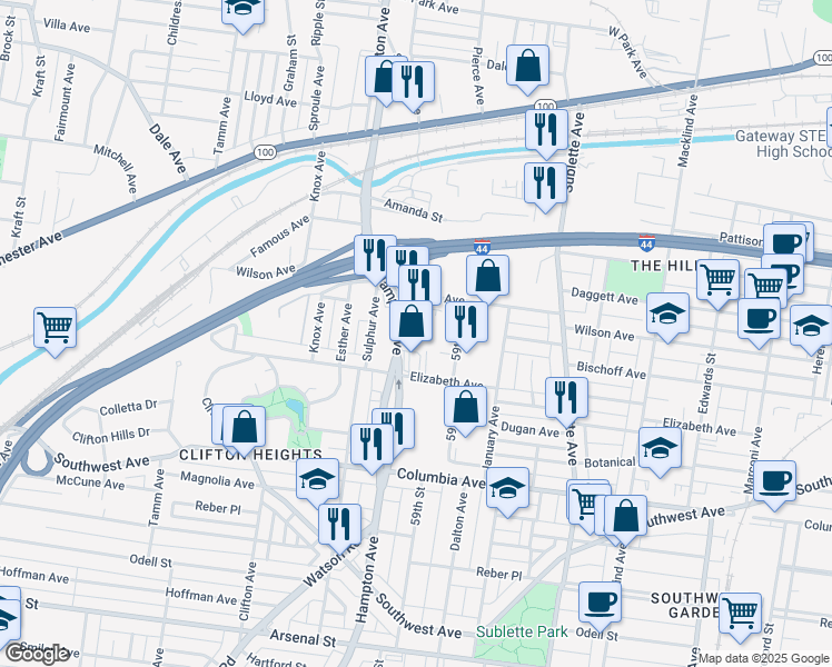 map of restaurants, bars, coffee shops, grocery stores, and more near 2140 Hampton Avenue in St. Louis