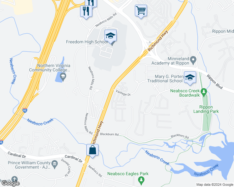 map of restaurants, bars, coffee shops, grocery stores, and more near 15185 John Diskin Circle in Woodbridge