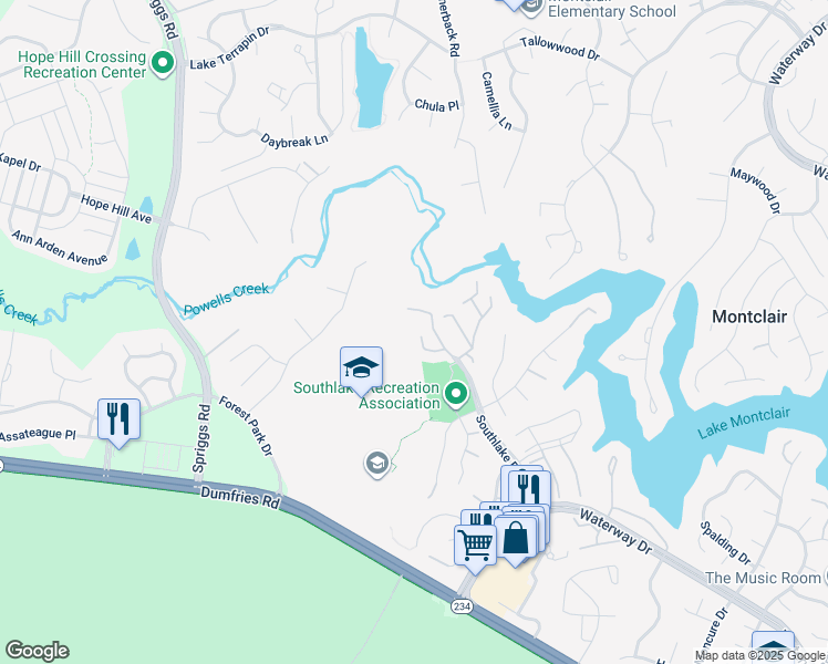 map of restaurants, bars, coffee shops, grocery stores, and more near 5139 Lands End Court in Dumfries