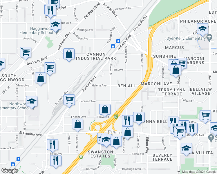 map of restaurants, bars, coffee shops, grocery stores, and more near 2753 Plover St in Sacramento
