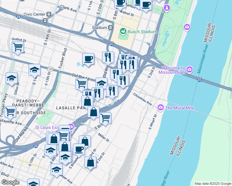 map of restaurants, bars, coffee shops, grocery stores, and more near 502 Lasalle Street in St. Louis