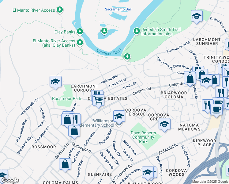 map of restaurants, bars, coffee shops, grocery stores, and more near 2005 Benita Drive in Rancho Cordova