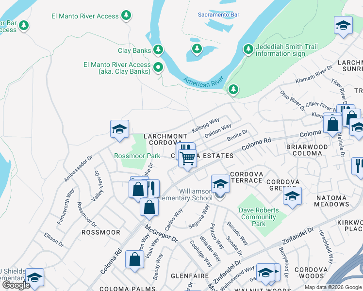 map of restaurants, bars, coffee shops, grocery stores, and more near 2028 Benita Drive in Rancho Cordova