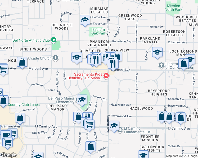 map of restaurants, bars, coffee shops, grocery stores, and more near 4200 Lyle Street in Sacramento