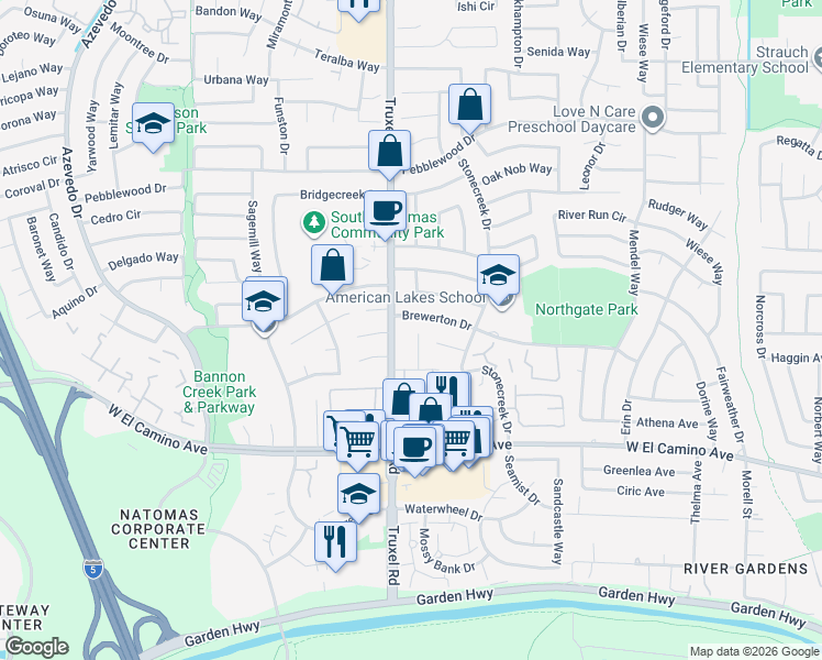 map of restaurants, bars, coffee shops, grocery stores, and more near 23 Prestwick Court in Sacramento
