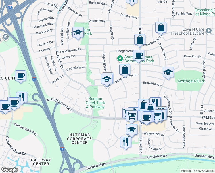 map of restaurants, bars, coffee shops, grocery stores, and more near 2775 Millcreek Drive in Sacramento