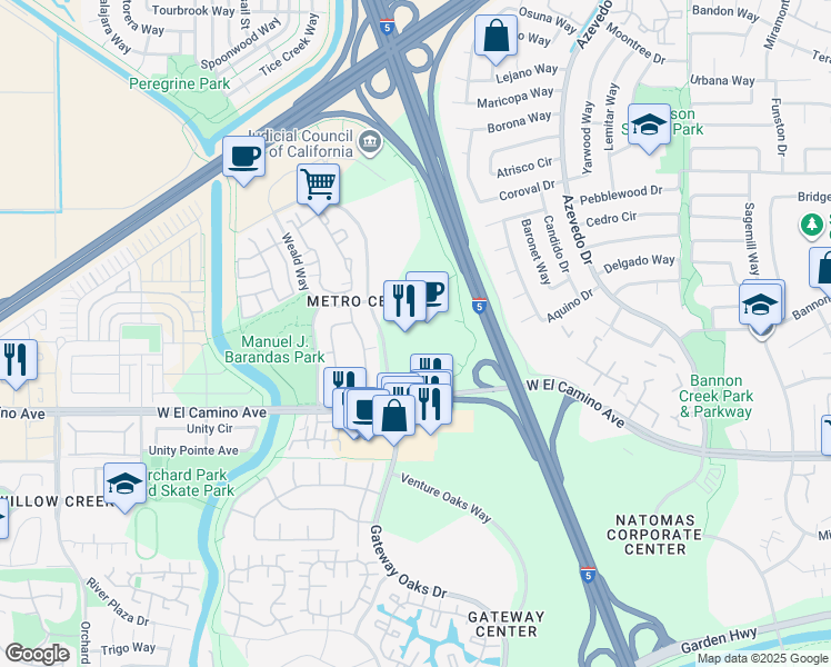 map of restaurants, bars, coffee shops, grocery stores, and more near 2710 Gateway Oaks Dr in Sacramento