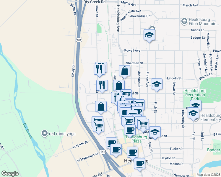 map of restaurants, bars, coffee shops, grocery stores, and more near 55 West Grant Street in Healdsburg