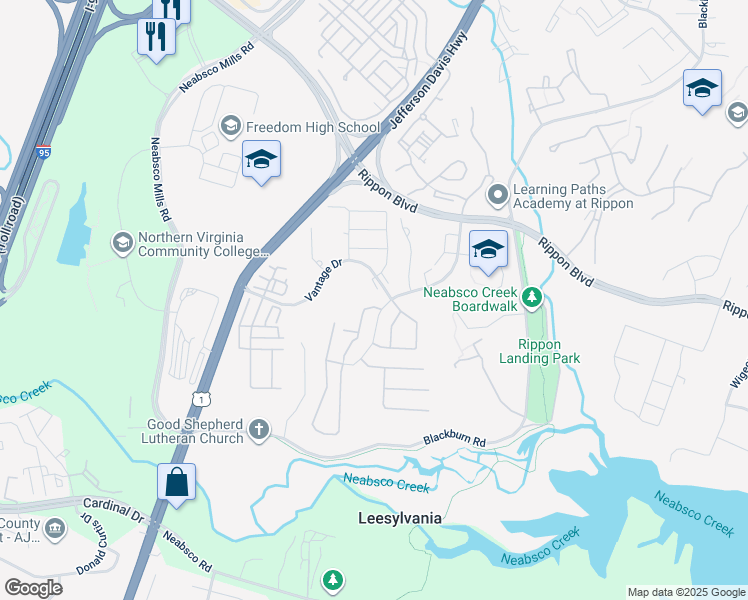 map of restaurants, bars, coffee shops, grocery stores, and more near 15510 Horseshoe Lane in Woodbridge