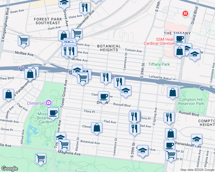 map of restaurants, bars, coffee shops, grocery stores, and more near 4068 Shaw Boulevard in St. Louis