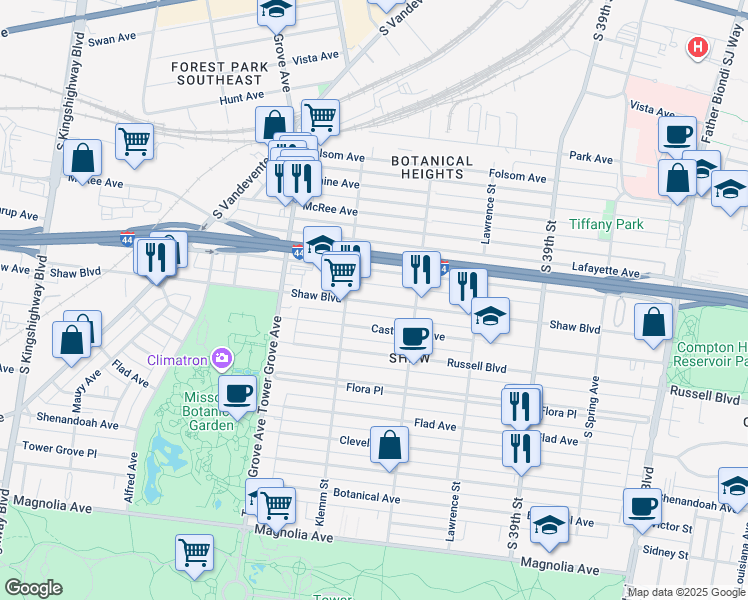 map of restaurants, bars, coffee shops, grocery stores, and more near 4136 Shaw Boulevard in St. Louis