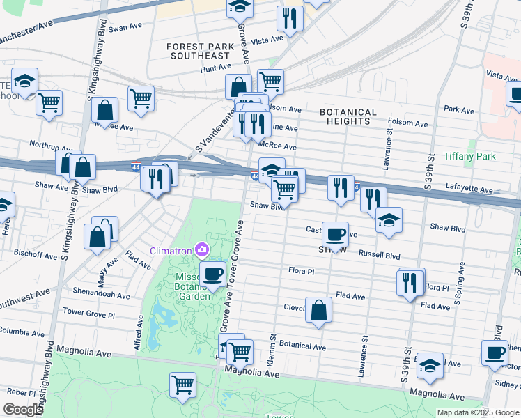 map of restaurants, bars, coffee shops, grocery stores, and more near 4233 Castleman Avenue in St. Louis