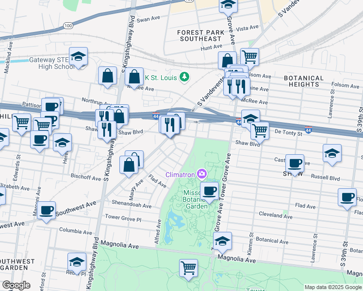 map of restaurants, bars, coffee shops, grocery stores, and more near 1902 Maury Avenue in St. Louis