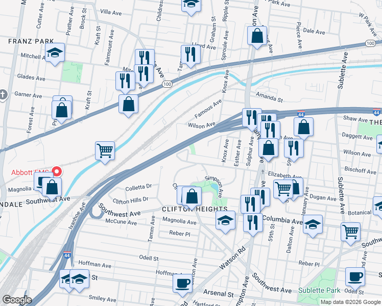 map of restaurants, bars, coffee shops, grocery stores, and more near 6219 Elizabeth Avenue in St. Louis