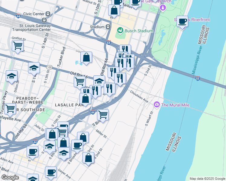 map of restaurants, bars, coffee shops, grocery stores, and more near 502 Lasalle Street in St. Louis