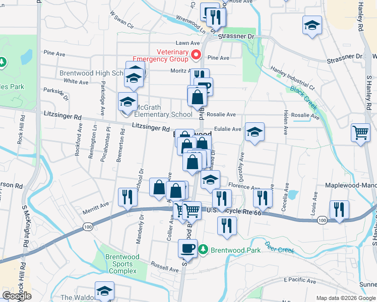 map of restaurants, bars, coffee shops, grocery stores, and more near in Brentwood