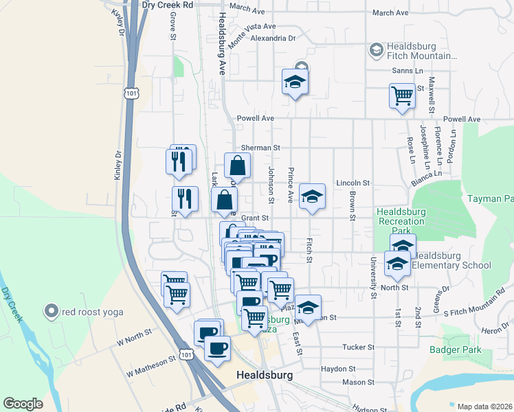 map of restaurants, bars, coffee shops, grocery stores, and more near 111 Grant Street in Healdsburg