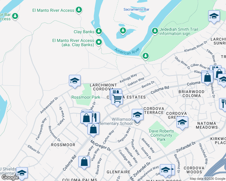 map of restaurants, bars, coffee shops, grocery stores, and more near 2028 Benita Drive in Rancho Cordova