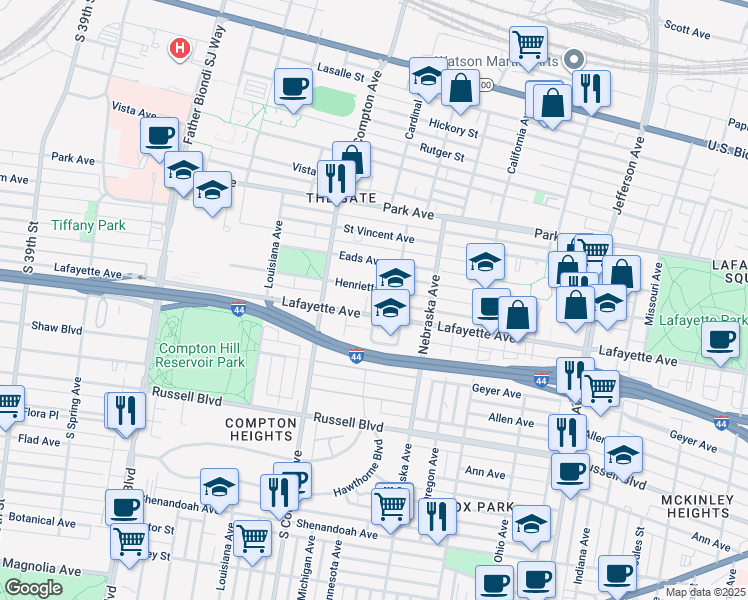 map of restaurants, bars, coffee shops, grocery stores, and more near in St. Louis
