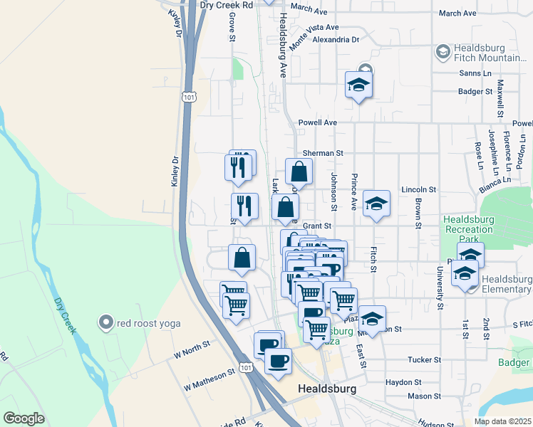 map of restaurants, bars, coffee shops, grocery stores, and more near 55 West Grant Street in Healdsburg