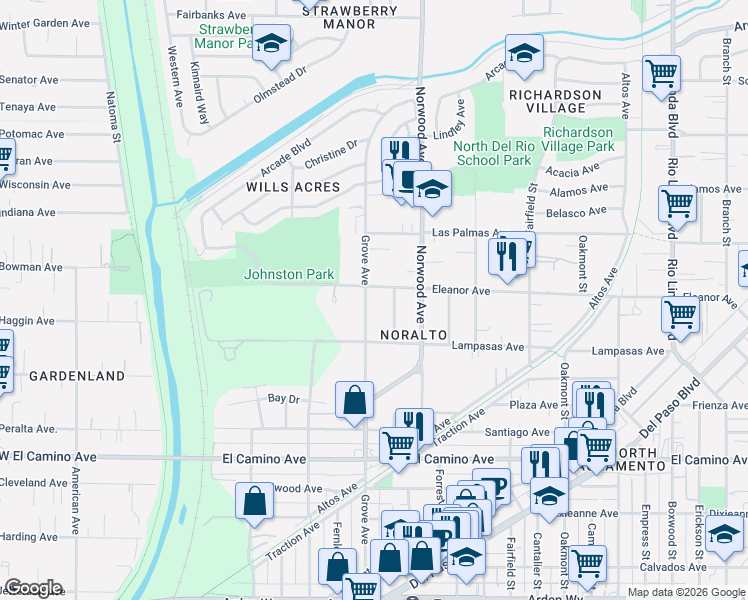 map of restaurants, bars, coffee shops, grocery stores, and more near 2651 Grove Avenue in Sacramento