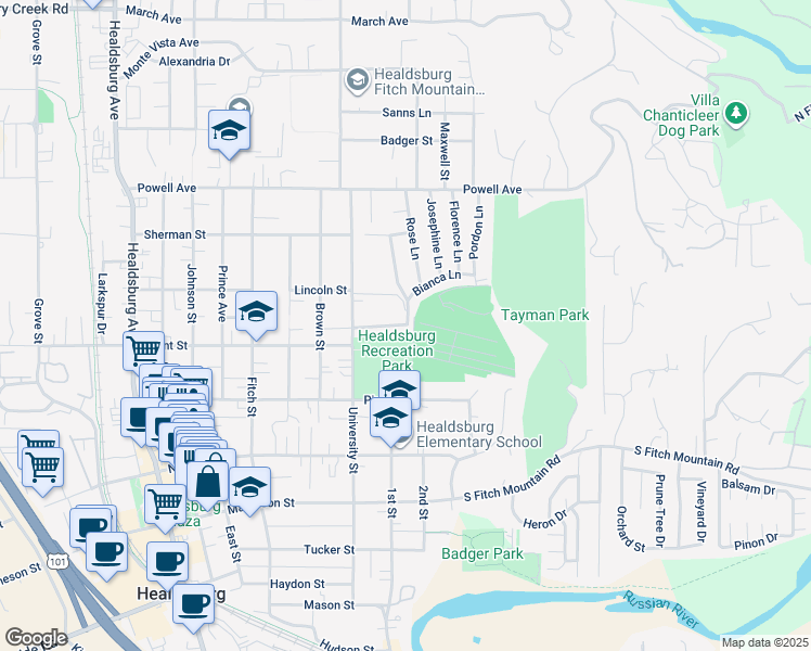 map of restaurants, bars, coffee shops, grocery stores, and more near Reed Court in Healdsburg