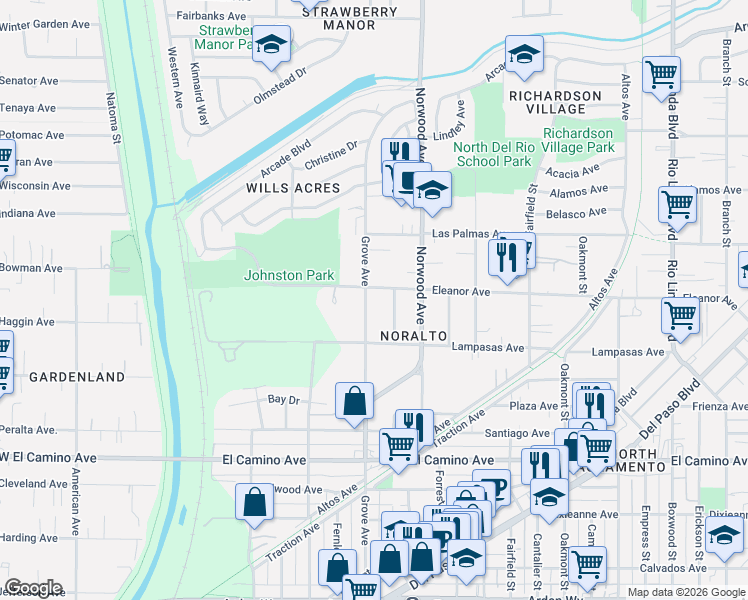 map of restaurants, bars, coffee shops, grocery stores, and more near 2651 Grove Avenue in Sacramento