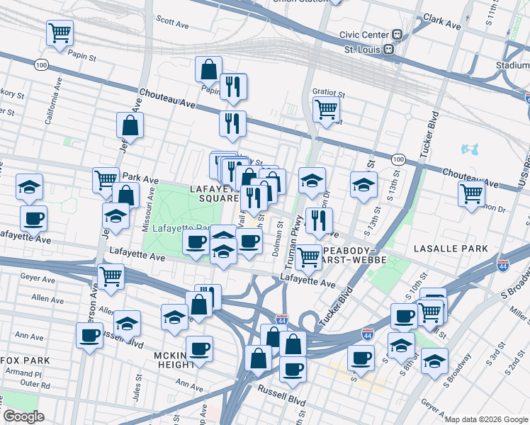 map of restaurants, bars, coffee shops, grocery stores, and more near 1425 South 18th Street in St. Louis