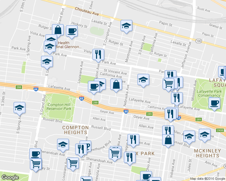 map of restaurants, bars, coffee shops, grocery stores, and more near in St. Louis