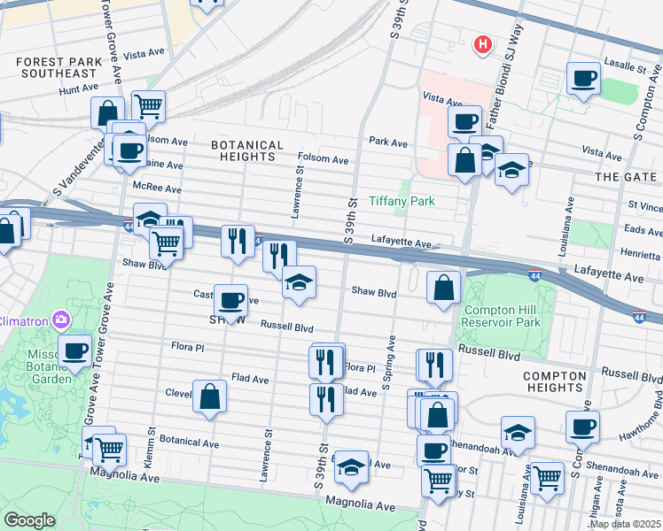 map of restaurants, bars, coffee shops, grocery stores, and more near in St. Louis